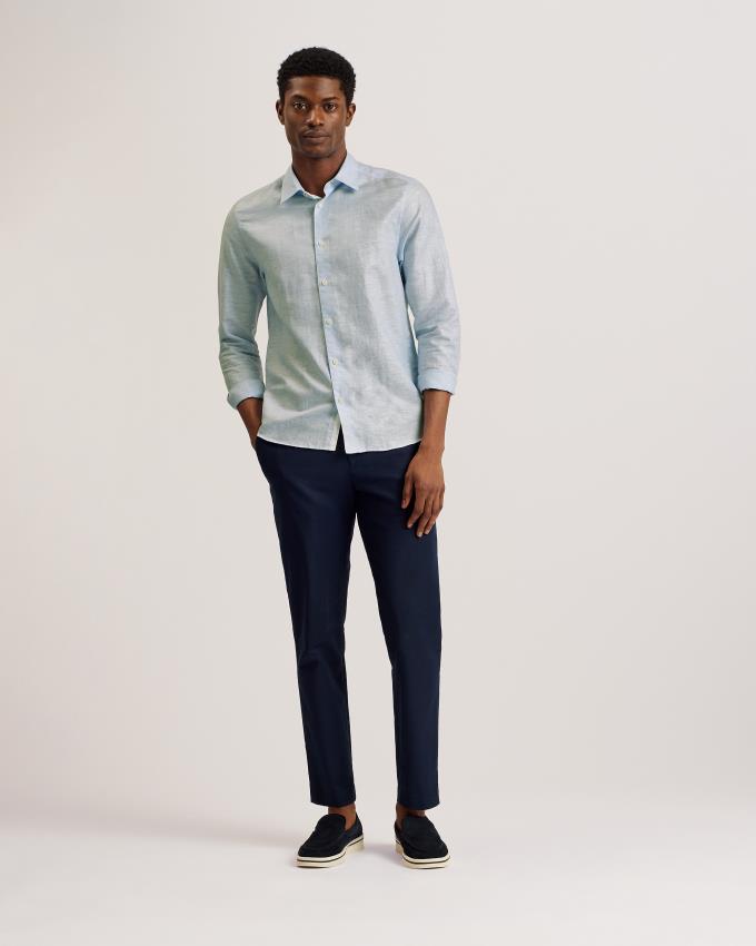 Chemises Ted Baker Long Sleeve Linen Cotton Bleu Clair Homme | TVJ-31767990